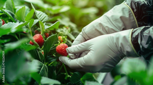 Hands in gloves select the quality of fresh strawberries in the garden of a strawberry farm. Carefully selected quality organic strawberries, lots of green leaves