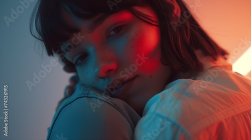 Attractive girl hugging her boyfriend and looking at the camera Concept about love people and lifestyle : Generative AI