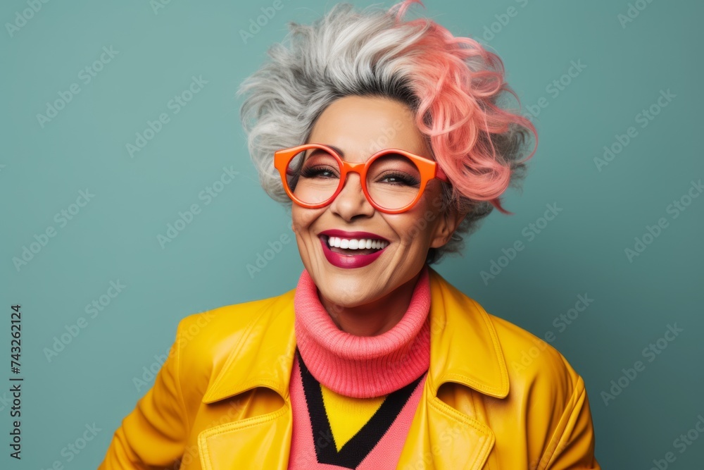 Portrait of a smiling middle aged woman in red sunglasses and yellow jacket
