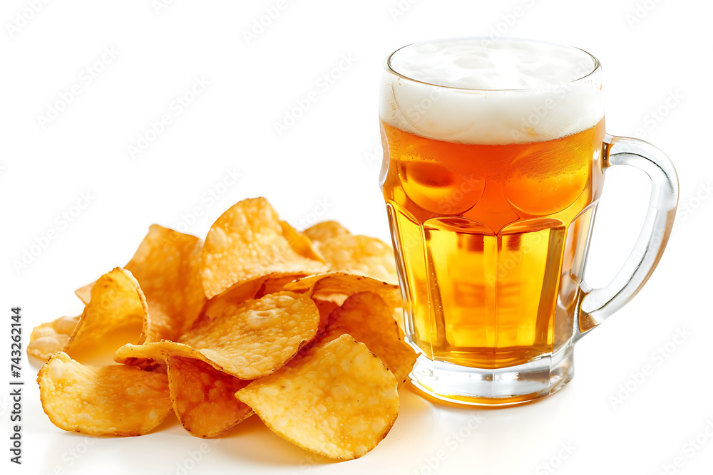 glass of beer and chips isolated on white background glass of beer and chips isolated on white background