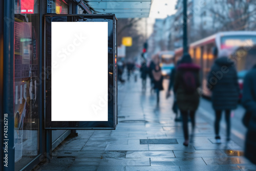 Urban bus stop with glowing advertisement at dusk