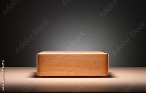 Wooden podium to present products. Minimalist and clean design in earth and wood colors. Mockup for branding, packaging