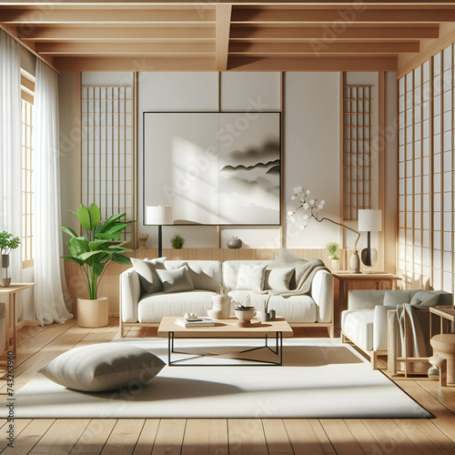 Interior Living Room with Plants Designed with Scandinavian and Japandi. Design with Simplicity Natural Elements   Minimalism Sunny Lighting Apartment Plaster   Wood Cozy Beige Couch Sofa Table Chairs