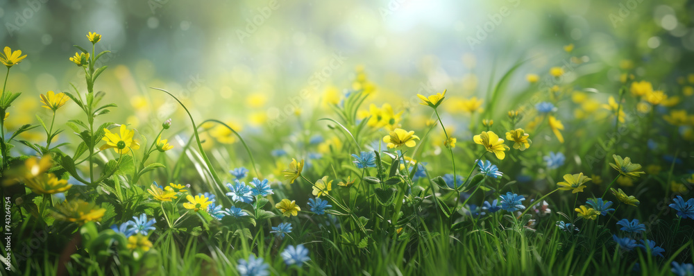 Spring grass with yellow flowers in the morning background