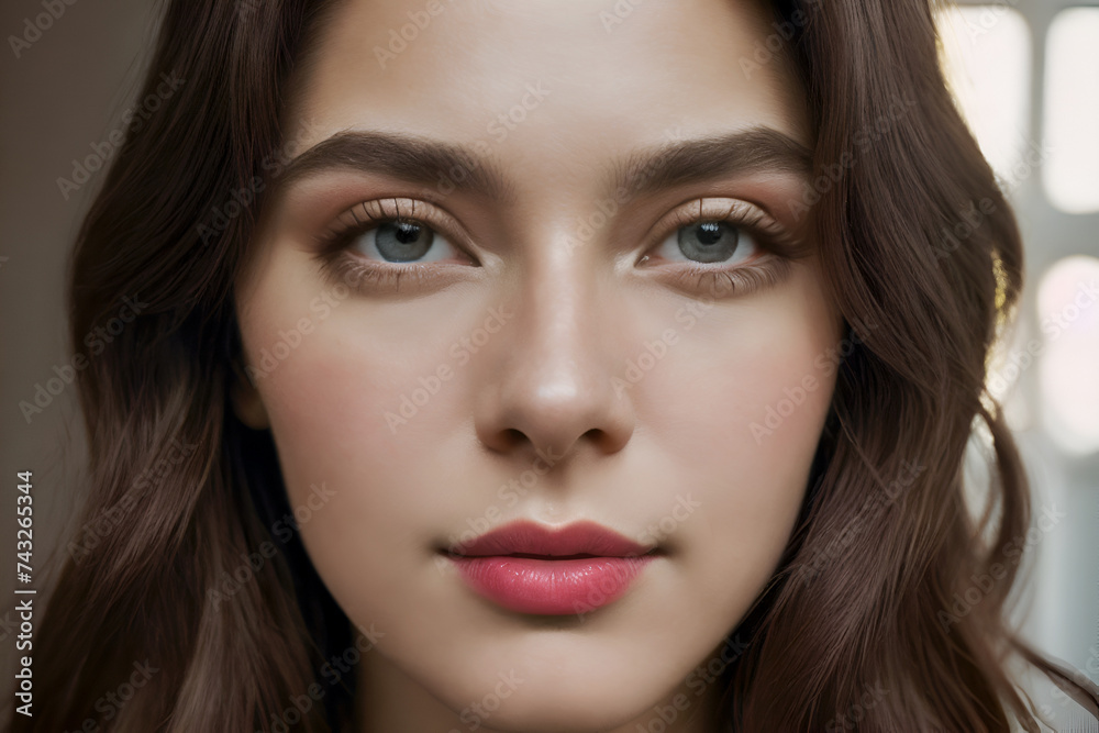 Face extreme close-up portrait of young pretty girl, natural skin, wearing make-up and red lipstick, looking directly at camera. Concept of beauty & self love. Face extreme close-up portrait of young pretty girl, natural skin, wearing make-up and red lipstick, looking directly at camera. Concept of beauty & self love.