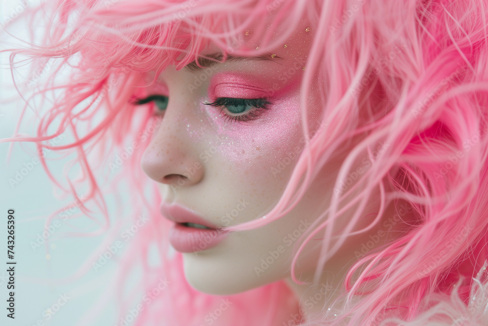 Portrait of a young girl with pink hair and pink makeup 