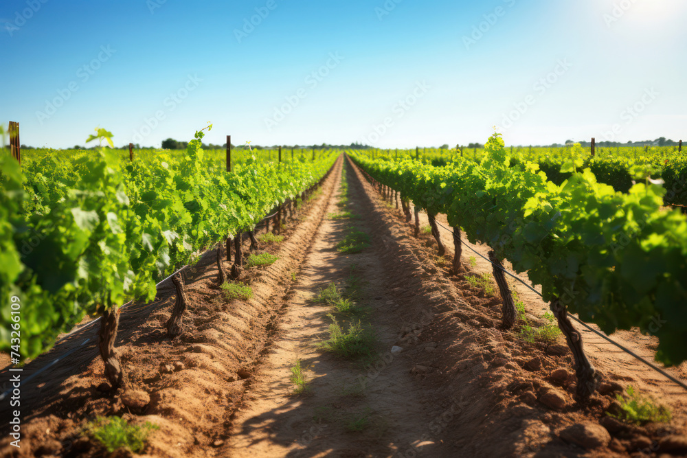 Lush Green Vineyard: Serene Countryside Harvest with Rows of Grapes, Sunny Blue Skies, and Stunning Italian Landscape.