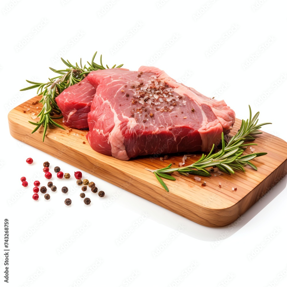 a fresh raw meat on board with spices, studio light , isolated on white background