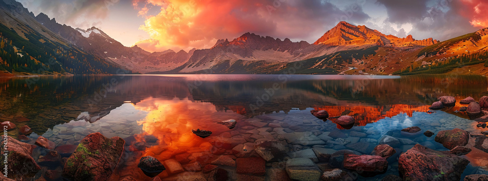 Panoramic Mountain Lake Sunset with Vibrant Reflections