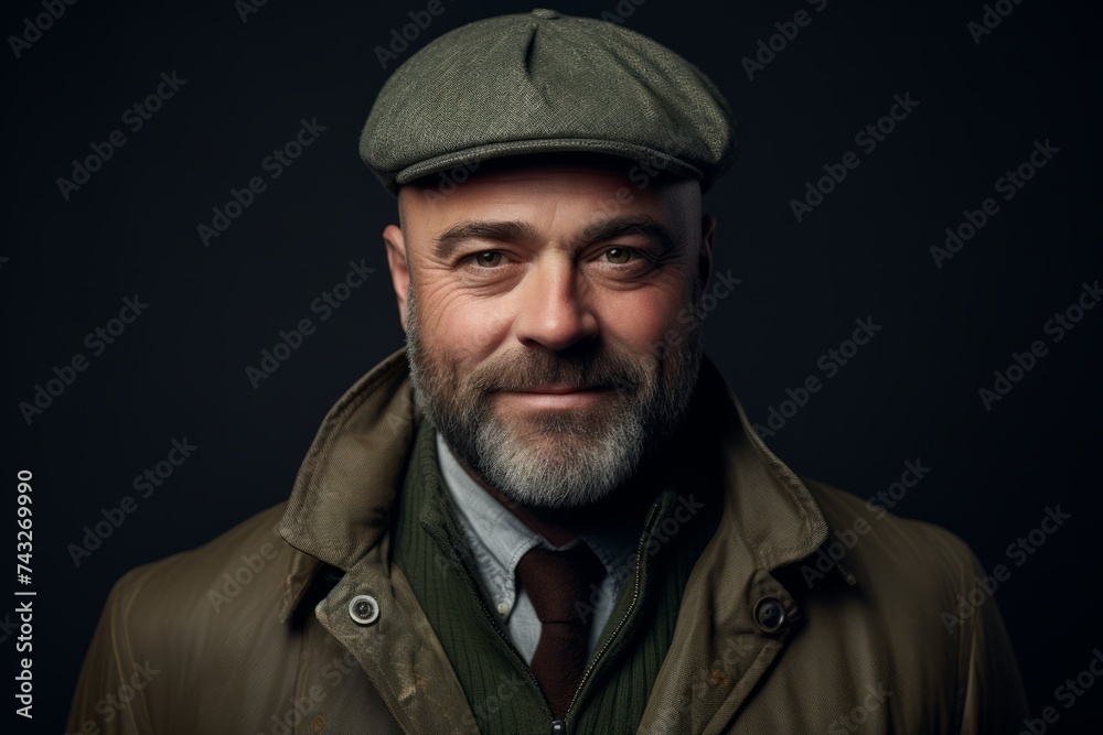 Portrait of a bearded mature man in a cap and jacket. Portrait of a bearded mature man in a cap and jacket.
