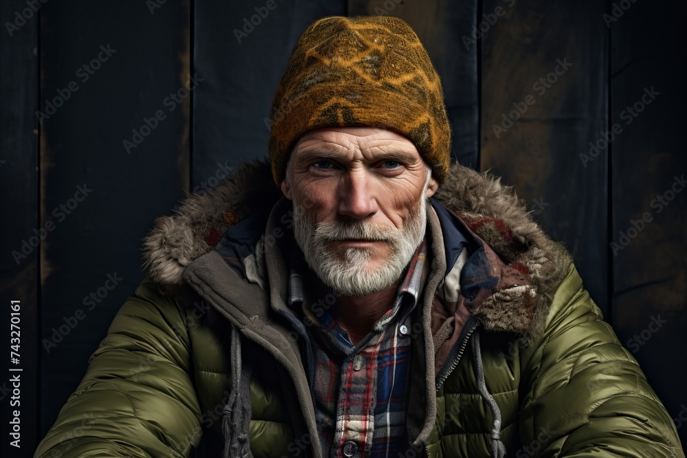 Portrait of an old man with a gray beard in a warm jacket and hat.