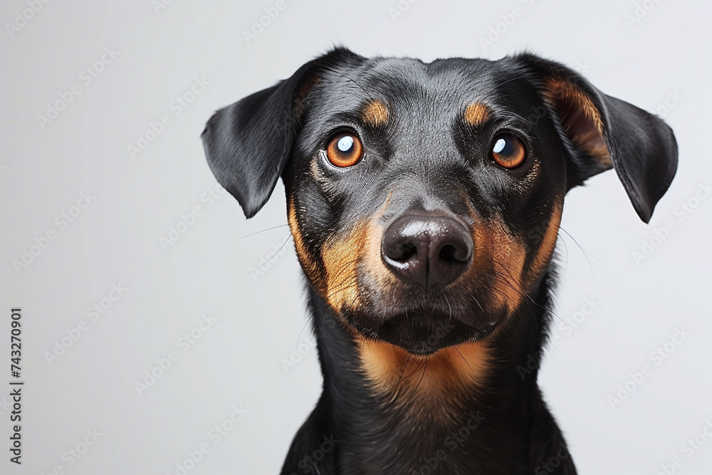 Black and tan dog with expressive eyes. Studio pet portrait with a plain light background. Animal emotions and pets concept. Design for pet care services, animal training, and dog lover posters Black and tan dog with expressive eyes. Studio pet portrait with a plain light background. Animal emotions and pets concept. Design for pet care services, animal training, and dog lover posters