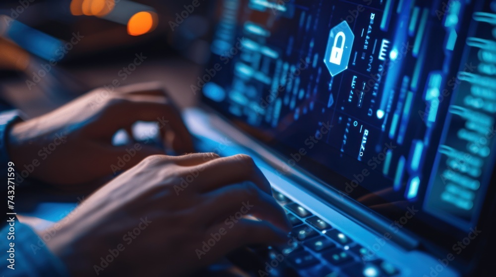 computer programmer, hacker printing code on laptop keyboard, secret organization system. computer programmer, hacker printing code on laptop keyboard, secret organization system.