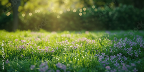 Spring lawn green grass and sun rays background