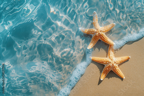 Top view starfish on the sand beach background, Summer holiday vacation concept