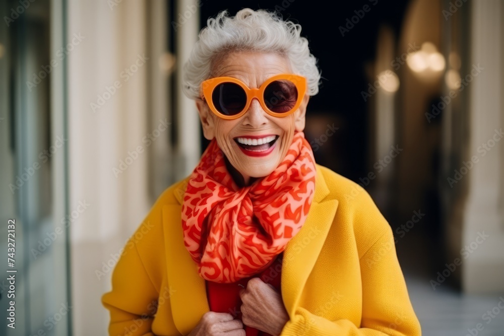 Portrait of happy senior woman in sunglasses and orange scarf in shopping mall