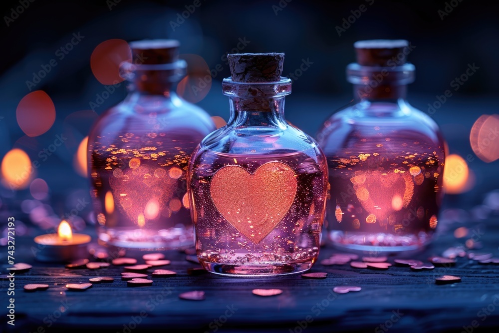 Close-up of two potion bottles adorned with heart symbols, radiating a magical and romantic aura. Close-up of two potion bottles adorned with heart symbols, radiating a magical and romantic aura.