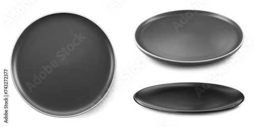 Black ceramic plate isolated on white, set with different views