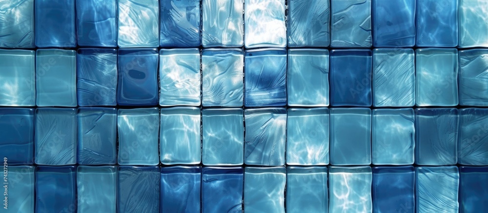A detailed view of a blue glass tile wall, featuring a smooth texture suitable for windows, kitchens, or bathrooms. The tiles are closely aligned, creating a seamless and modern aesthetic.