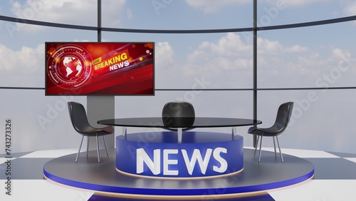 glass table and led screen background in a news studio room.3d rendering. 