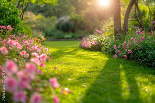 Lawn with pink flowers in spring garden under sunshines.