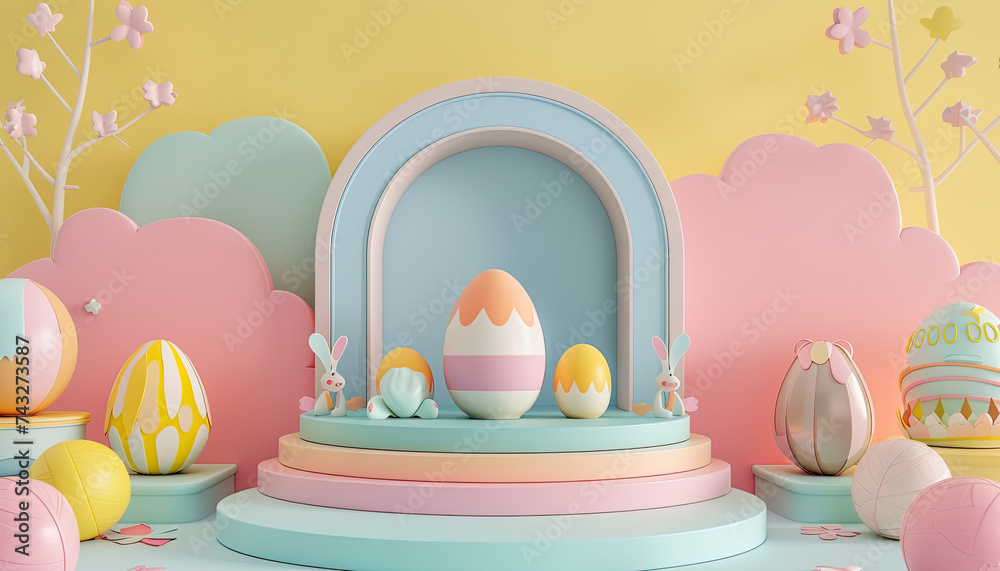 3D easter display podium, pastel easter background, easter eggs on background, round frame, nature minimal pedestal, beauty, cosmetic product presentation, easter podium