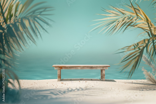 Blank wooden table on the sea beach with tropical palm trees and blue sky background, Summer holiday vacation concept