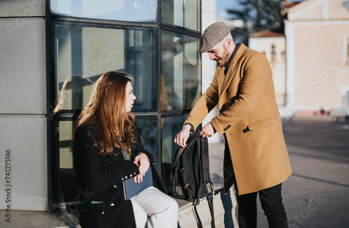 Two professionals engage in a casual and friendly outdoor business meeting. The sun casts warm light across the scene, highlighting a sense of partnership and productivity.