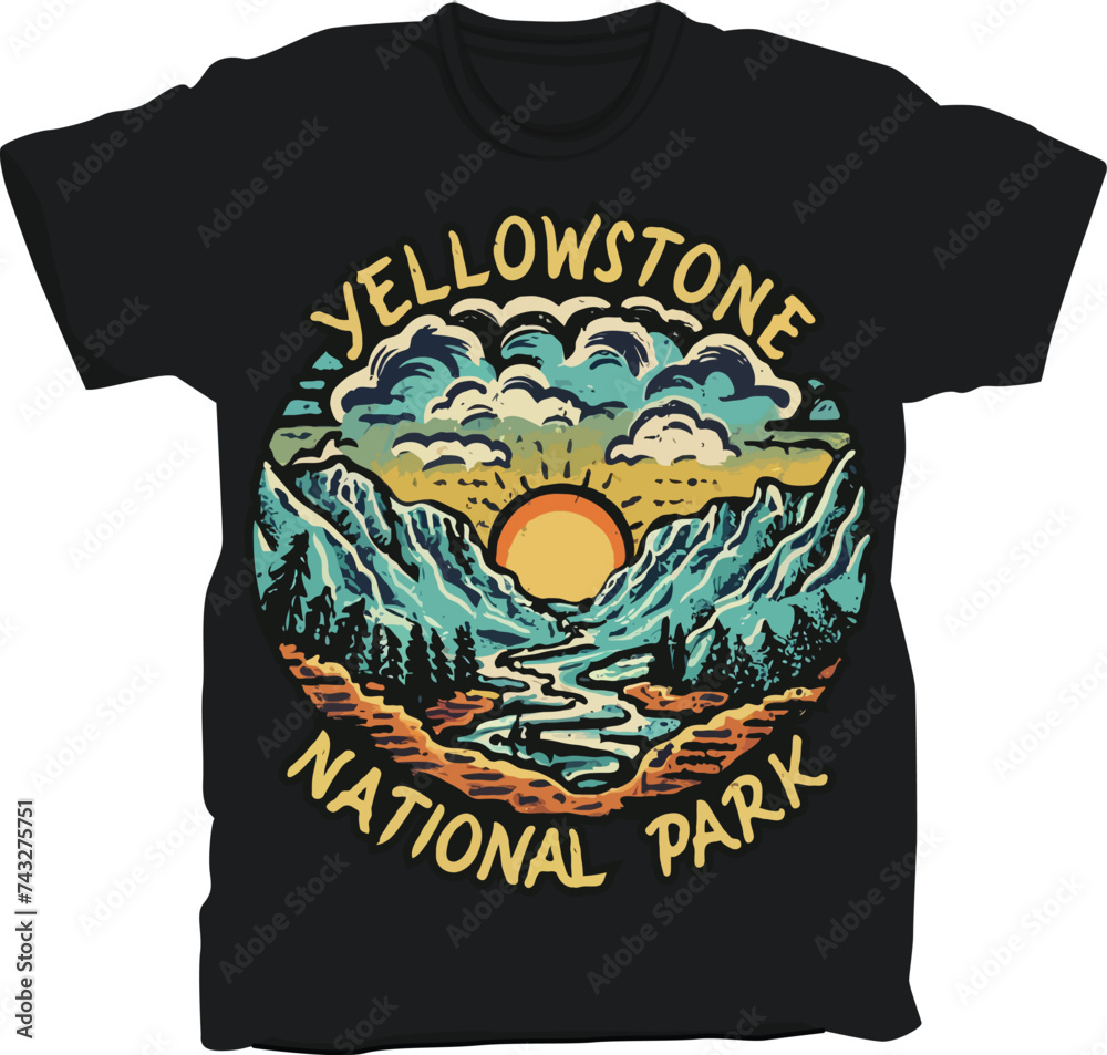 Fototapeta premium Yellowstone National Park t-shirt design, United States National Park sticker vector illustration design with adventure theme