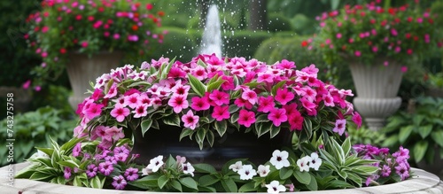 A fountain in a garden is filled with an abundance of pink and white flowers, creating a vibrant and colorful display. The flowers are blooming and spilling over the edges of the fountain, adding a