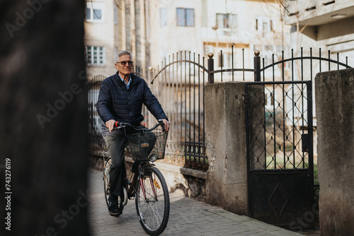 Active senior man enjoying bike ride outdoors in urban setting.