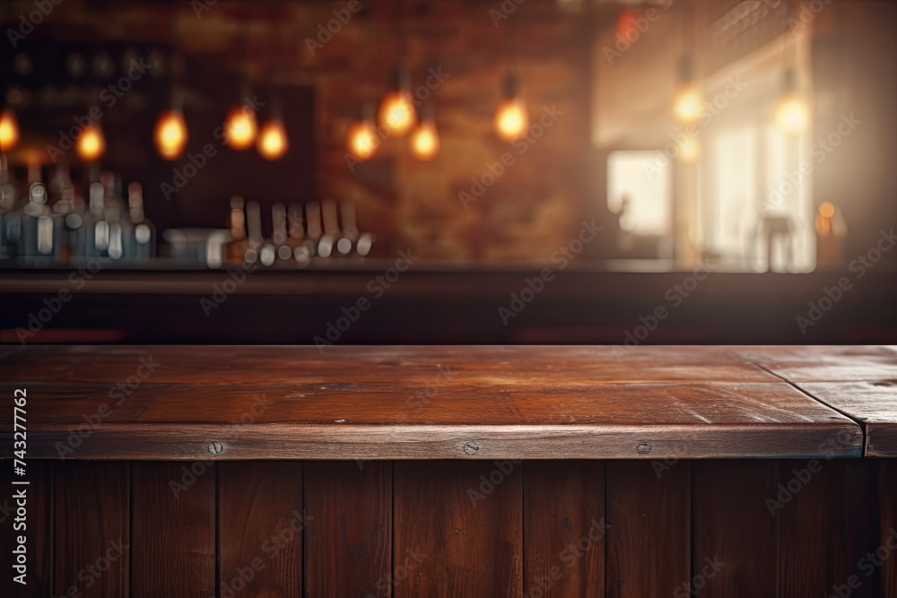 Empty wooden table and blurred background of bar.