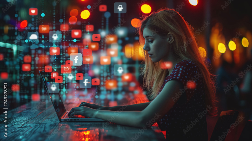 Project Manager Working on Computer in Office. Augmented Reality Social Media Icons Appear From Worker's Laptop. Internet of Things, Connectivity and Online Concept. Digital marketing, social media