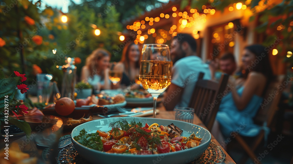 Diverse People Having Fun, Sharing Stories, and Eating at Outdoors Dinner Party. Family and Friends Gathered Outside Their Home  in the garden on a Warm Summer Evening, summer party
