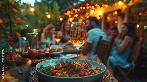 Diverse People Having Fun, Sharing Stories, and Eating at Outdoors Dinner Party. Family and Friends Gathered Outside Their Home in the garden on a Warm Summer Evening, summer party