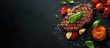 A succulent beef fillet steak is presented on a sleek black background alongside vibrant tomatoes and fragrant basil leaves. The dish exudes freshness and flavor, promising a delightful dining