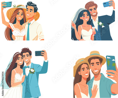 Cherished Moments, Newlyweds First Selfie in Marital Bliss, flat vector
