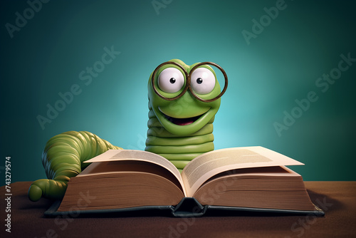 Green Bookworm with round glasses reading a book