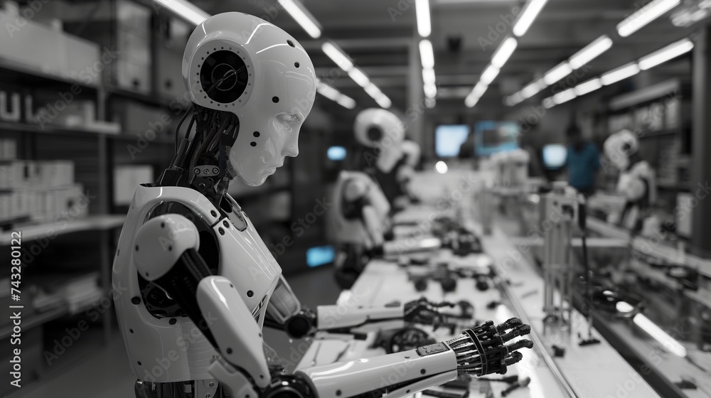 Fototapeta premium The robots are in various stages of completion, with engineers using advanced tools and holographic displays to guide their construction.