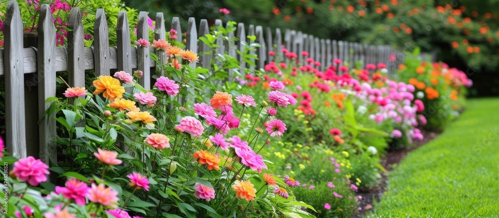 In a lush park, a row of vibrant flowers line up next to a sturdy wooden fence. The blooms create a captivating display of natures beauty in this serene setting.