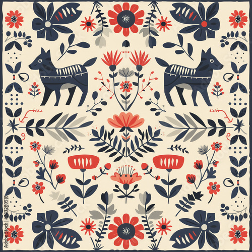  Seamless Scandinavian Pattern with Fox Dog Plants and Flowers