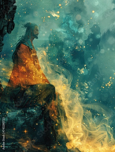 A man is seated on a rock next to a crackling fire in nature.