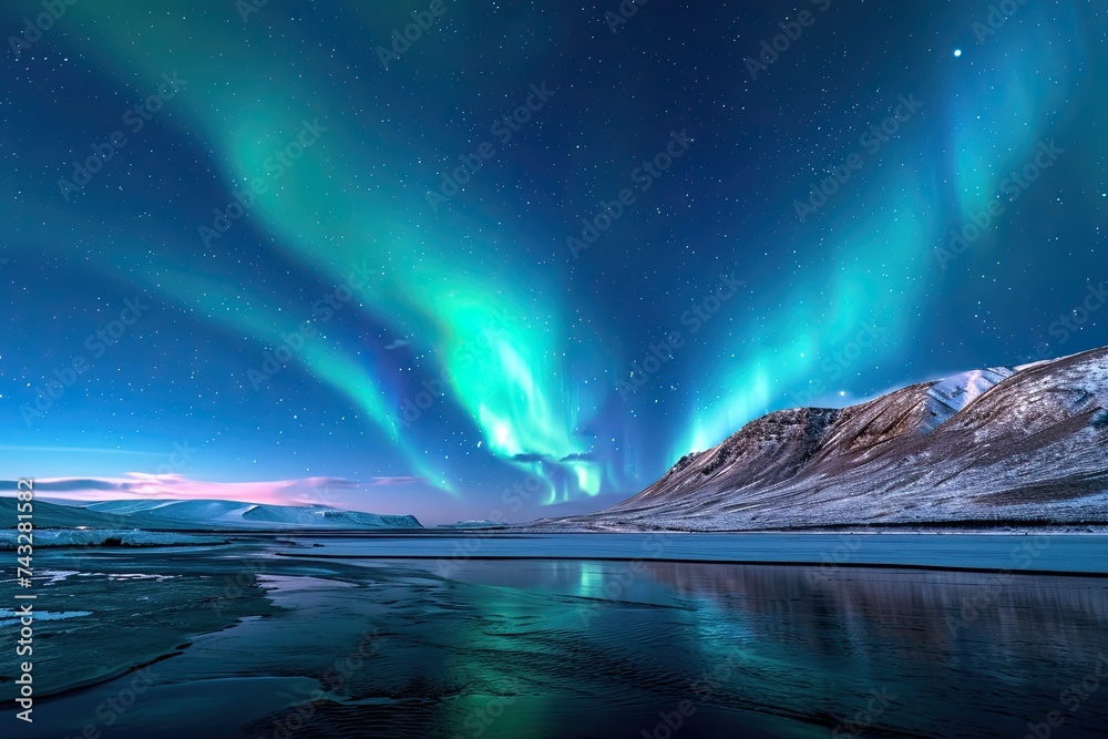 Ethereal beauty of the Northern Lights illuminates a stunning landscape. Captivating scene showcasing the wonders of nature and the enchanting allure of the aurora borealis Ethereal beauty of the Northern Lights illuminates a stunning landscape. Captivating scene showcasing the wonders of nature and the enchanting allure of the aurora borealis