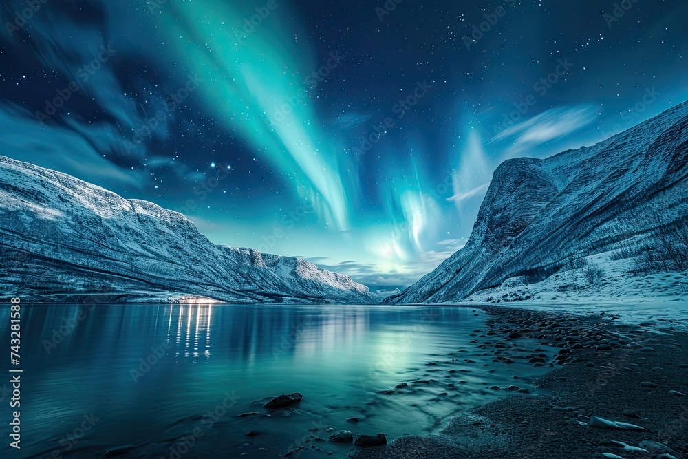 Ethereal beauty of the Northern Lights illuminates a stunning landscape. Captivating scene showcasing the wonders of nature and the enchanting allure of the aurora borealis