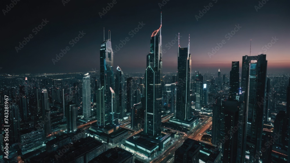 Futuristic Cityscape at Night with Vibrant Neon Lights and Busy Traffic, Generative AI