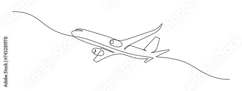 One continuous line drawing of Airplane path. Business Concept of world travel and international flight airline in simple linear style. Air plane trip in Editable stroke. Contour vector illustration