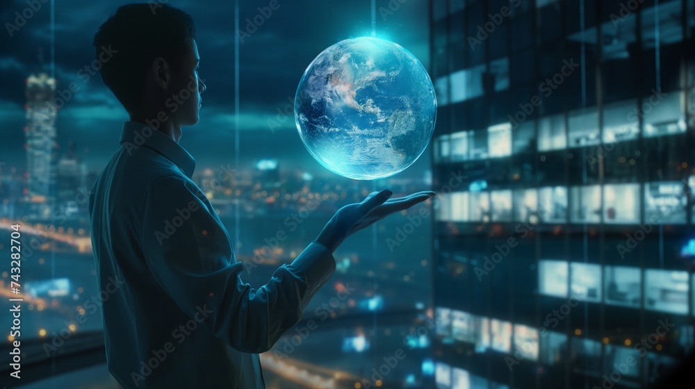 Business man has a digital, holographic globe hovering above his open hand. This represents global thinking and international business strategies. - obrazy, fototapety, plakaty 