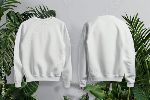 Front and Back View of White Blank Sweatshirt Against Green Tropical Leaves