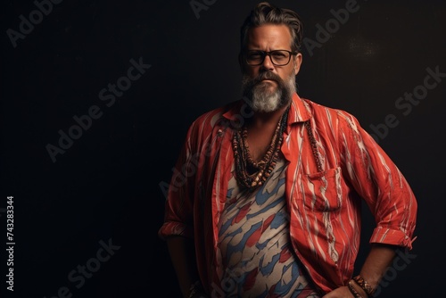 Handsome bearded hipster man in glasses and a red shirt on a dark background