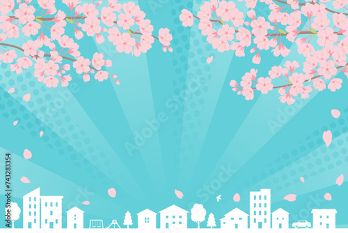 ポップな桜と街並みの背景_ベクターイラスト
